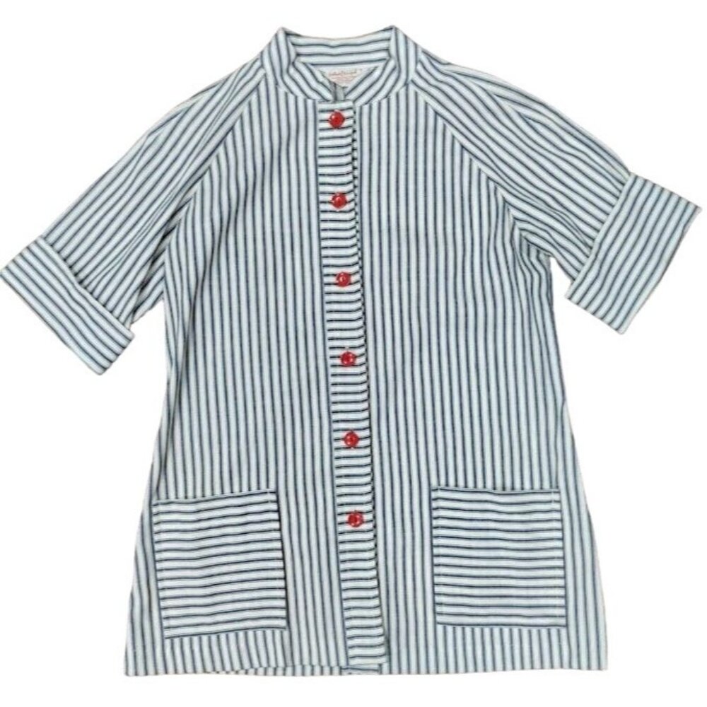 Vintage 70's Gertrude Davenport Striped Half Sleeve Buttoned Sleep Shirt Blue M - Picture 1 of 8